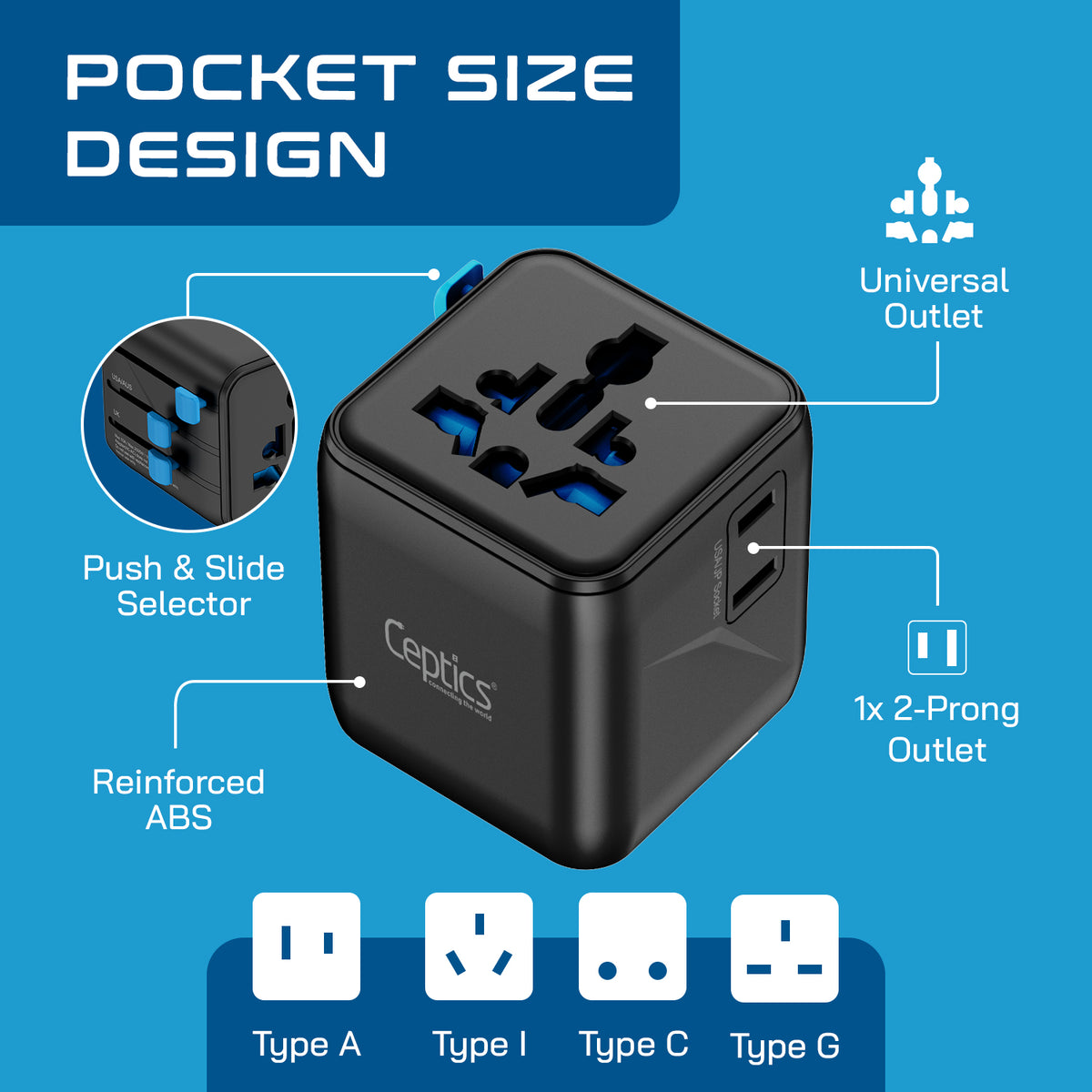 Universal travel adapter – 1 universal input & 1 N. America/Japan input – 2 in 1 travel adapter – CE & RoHS certified