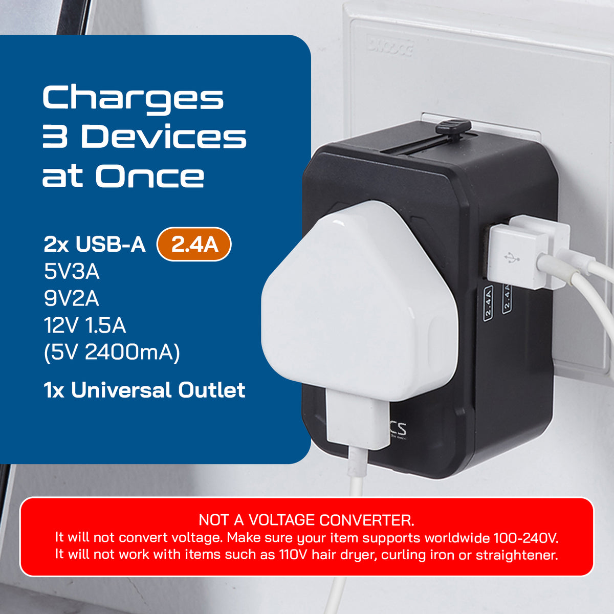Universal travel adapter with 2 USB-A – 3 in 1 travel adapter – CE & FCC certified