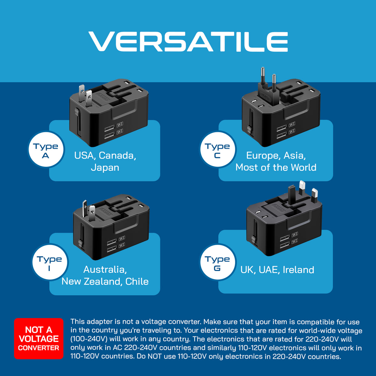 Universal travel adapter with 2 USB-A – 3 in 1 travel adapter – CE & FCC certified