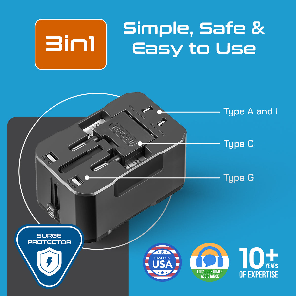 Universal travel adapter with 2 USB-A – 3 in 1 travel adapter – CE & FCC certified