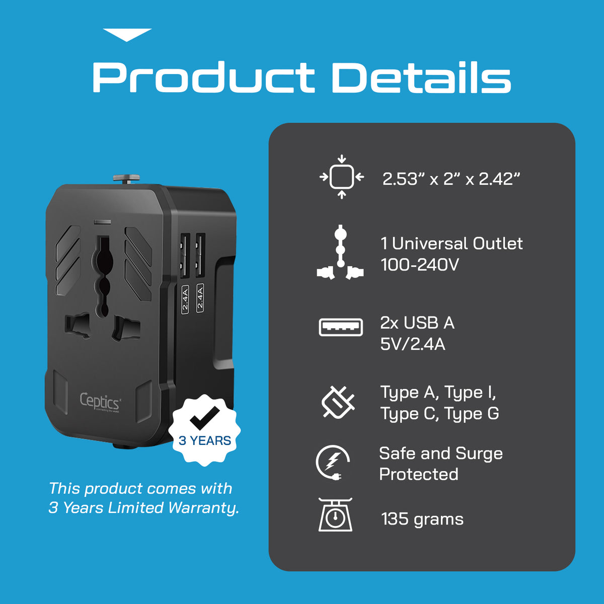 Universal travel adapter with 2 USB-A – 3 in 1 travel adapter – CE & FCC certified