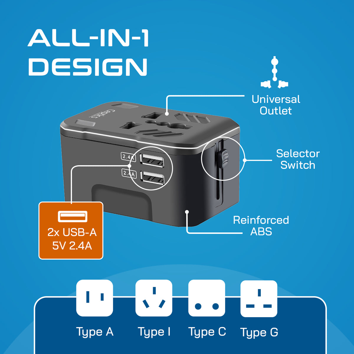Universal travel adapter with 2 USB-A – 3 in 1 travel adapter – CE & FCC certified