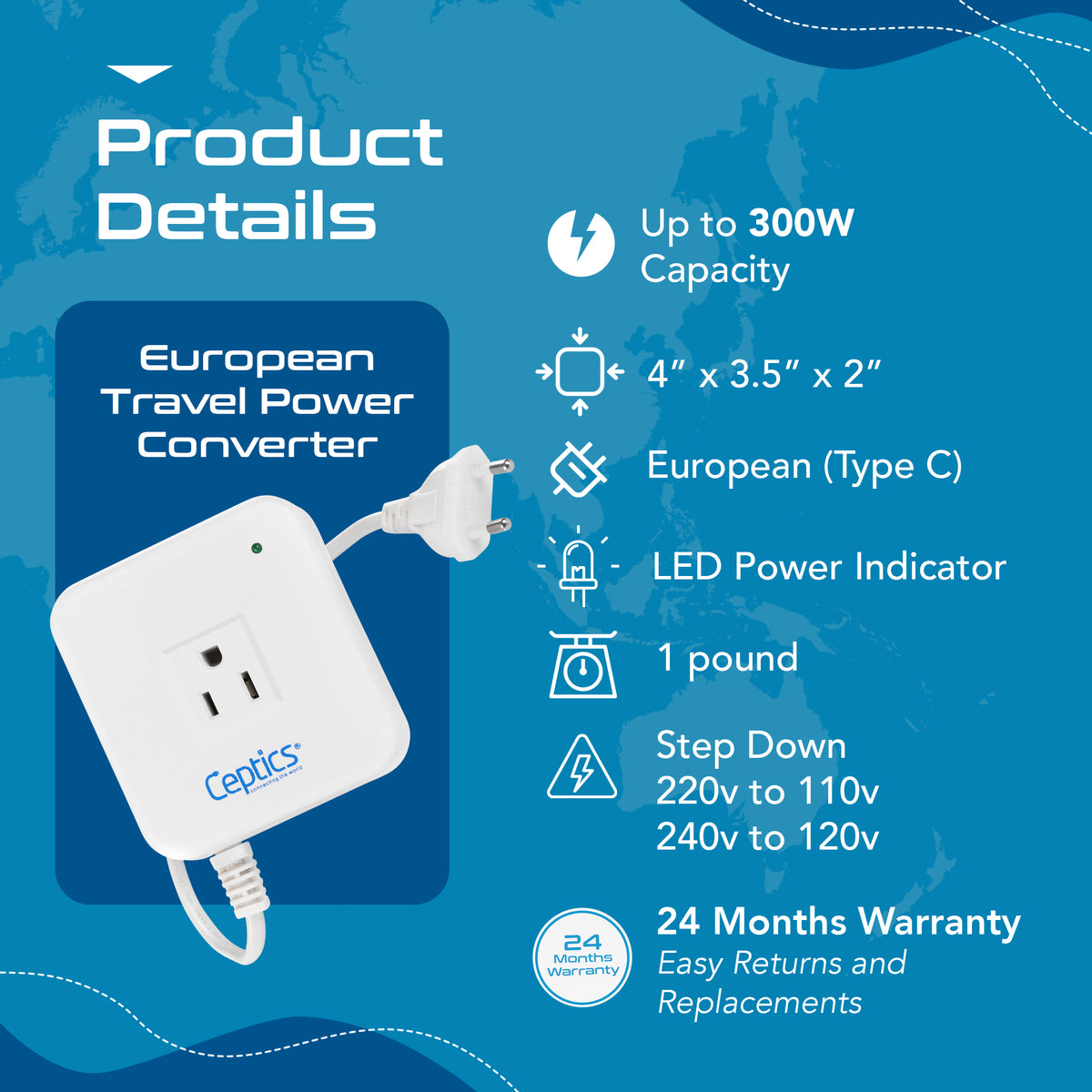 300W Step down converter – 220v to 110v voltage converter – Compact & Noise-free – CE certified – PC-300D