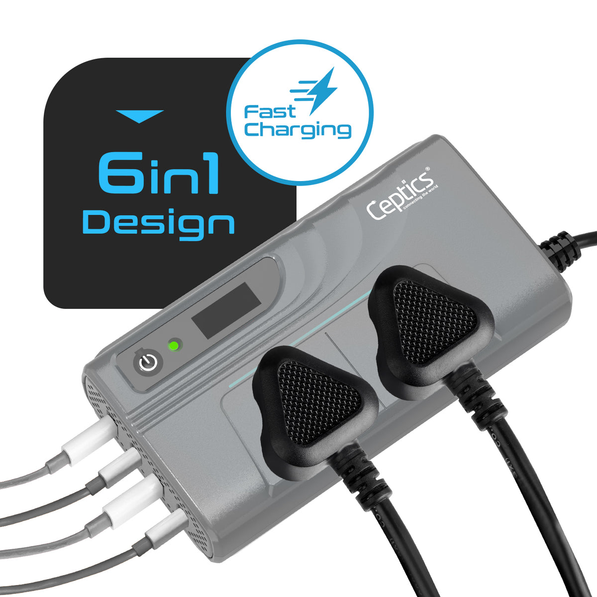 200W car inverter – 2 AC outlets & 2 USB-A & 2 USB-C – Upgraded cigarette lighter plug – CE & FCC certified - PI-200M12