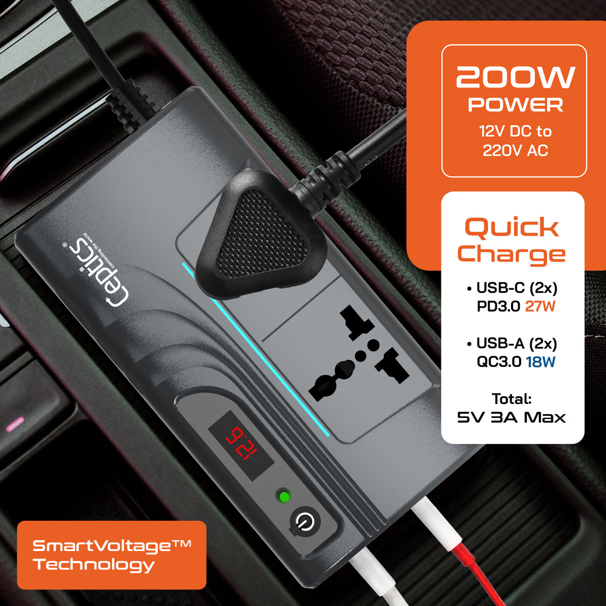 200W car inverter – 2 AC outlets & 2 USB-A & 2 USB-C – Upgraded cigarette lighter plug – CE & FCC certified - PI-200M12