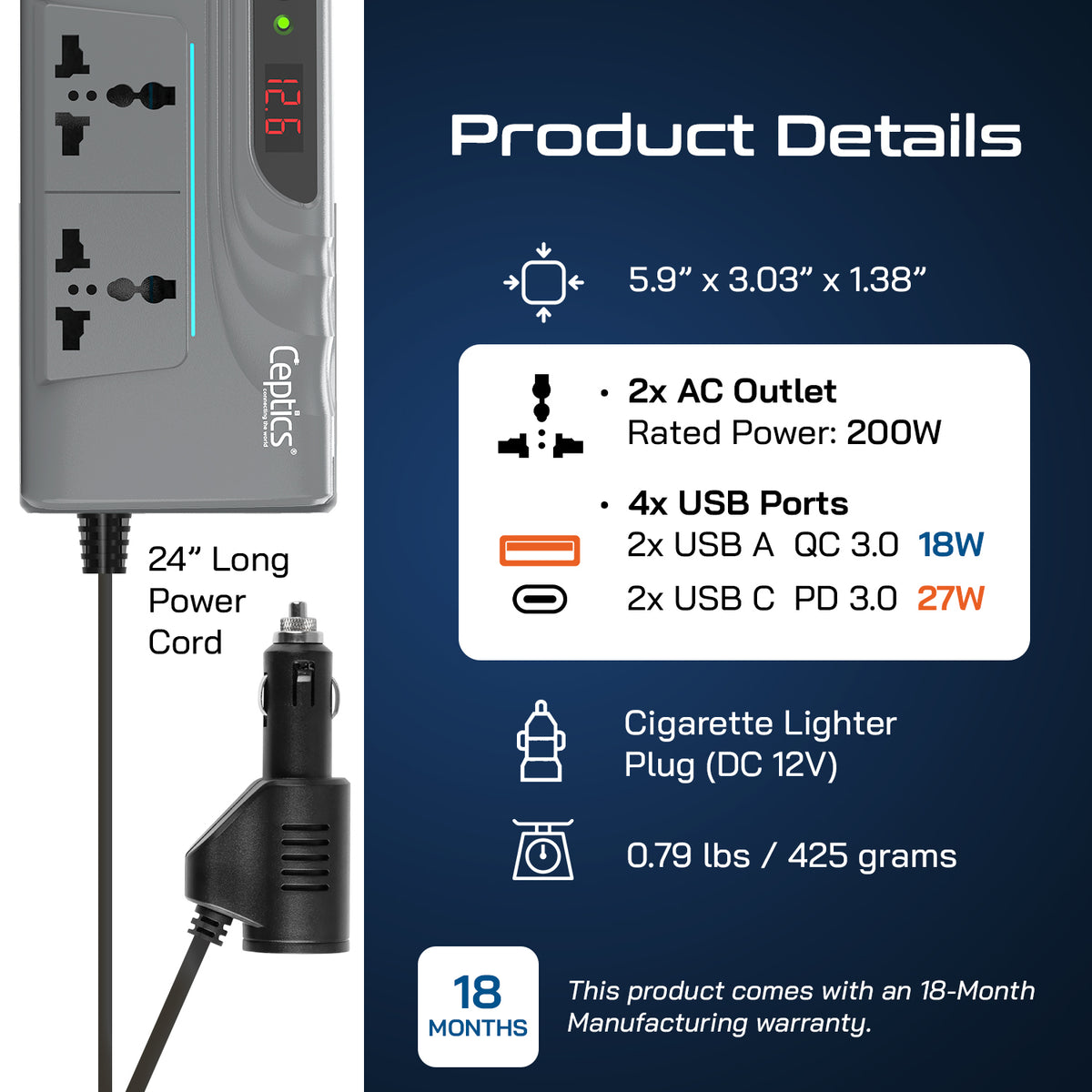 200W car inverter – 2 AC outlets & 2 USB-A & 2 USB-C – Upgraded cigarette lighter plug – CE & FCC certified - PI-200M12