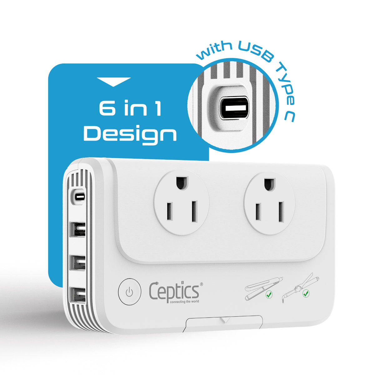230W Travel Voltage Converter - 2 Outlets + 1 USB C + 3 USB A QC 3.0 - 220V to 110V (PU-200X-WS)