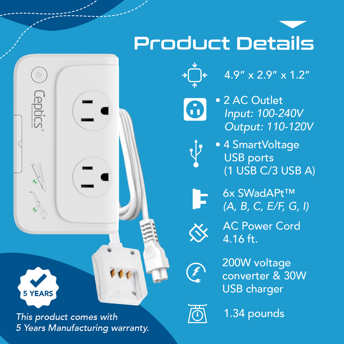 230W Travel Voltage Converter - 2 Outlets + 1 USB C + 3 USB A QC 3.0 - 220V to 110V (PU-200X-WS)