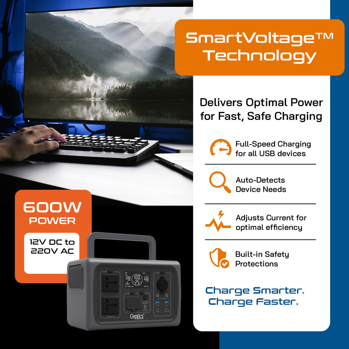 Ceptics 600W Portable Power Station with 512Wh LiFePO4 Battery – Fast Recharge 0% to 100% in 2.5 Hours – India Voltage 230V 50Hz – Lightweight & Compact for Home Backup and Outdoor Use