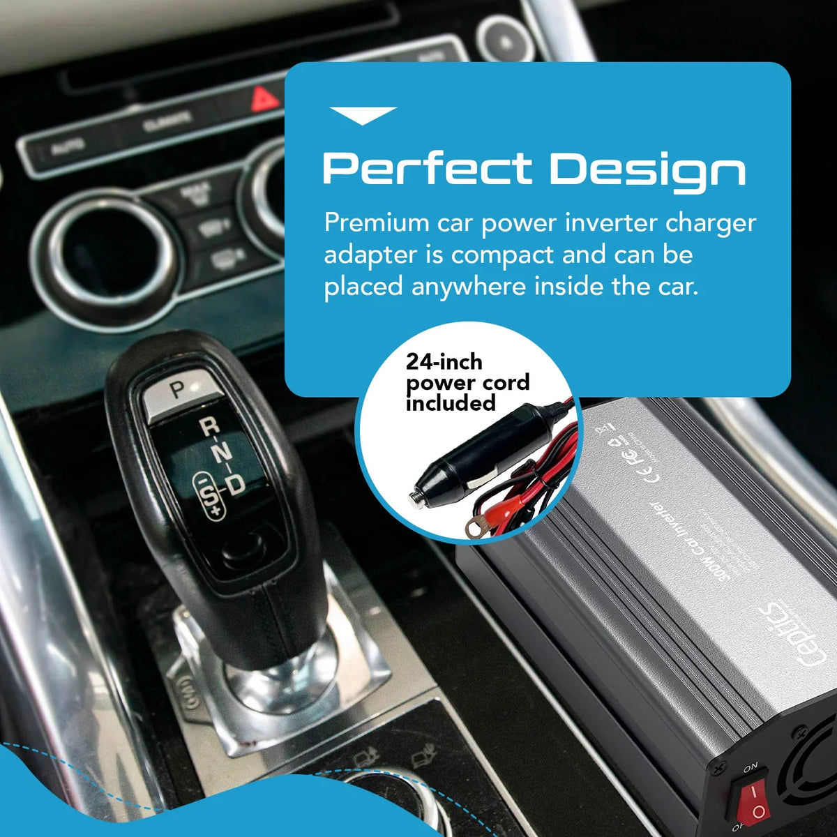 300W car inverter – 1 AC outlet & 2 USB-A – Cigarette lighter plug & Battery terminals – CE & FCC certified - PI-300W2U image 2