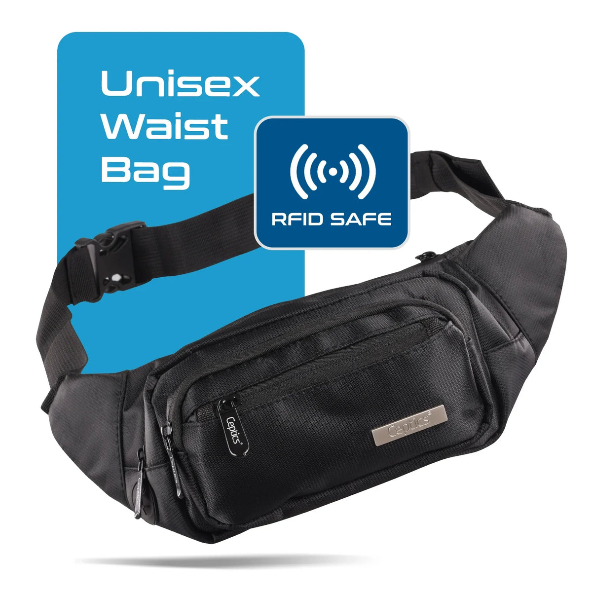 Waist bag for travel - 4 different size pockets - Water resistant and RFID safe - Black - WB-4B image 7