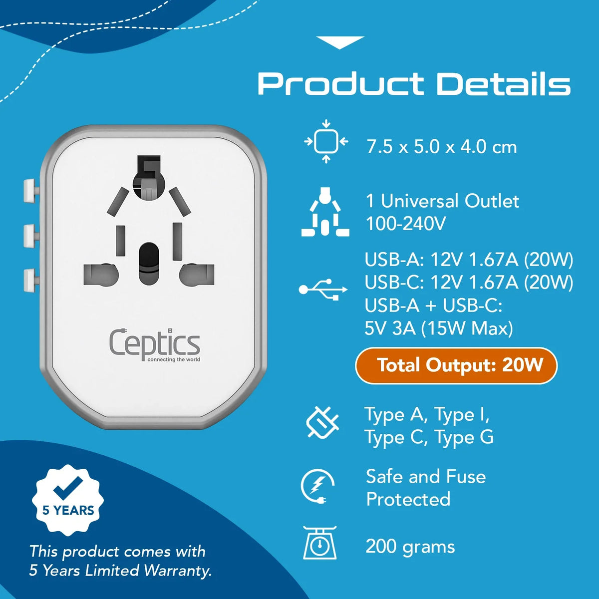 Universal travel adapter – 2 USB-A & 1 USB-C 20W – 4 in 1 travel adapter – CE & RoHS certified - White - UP-8CU-W image 8