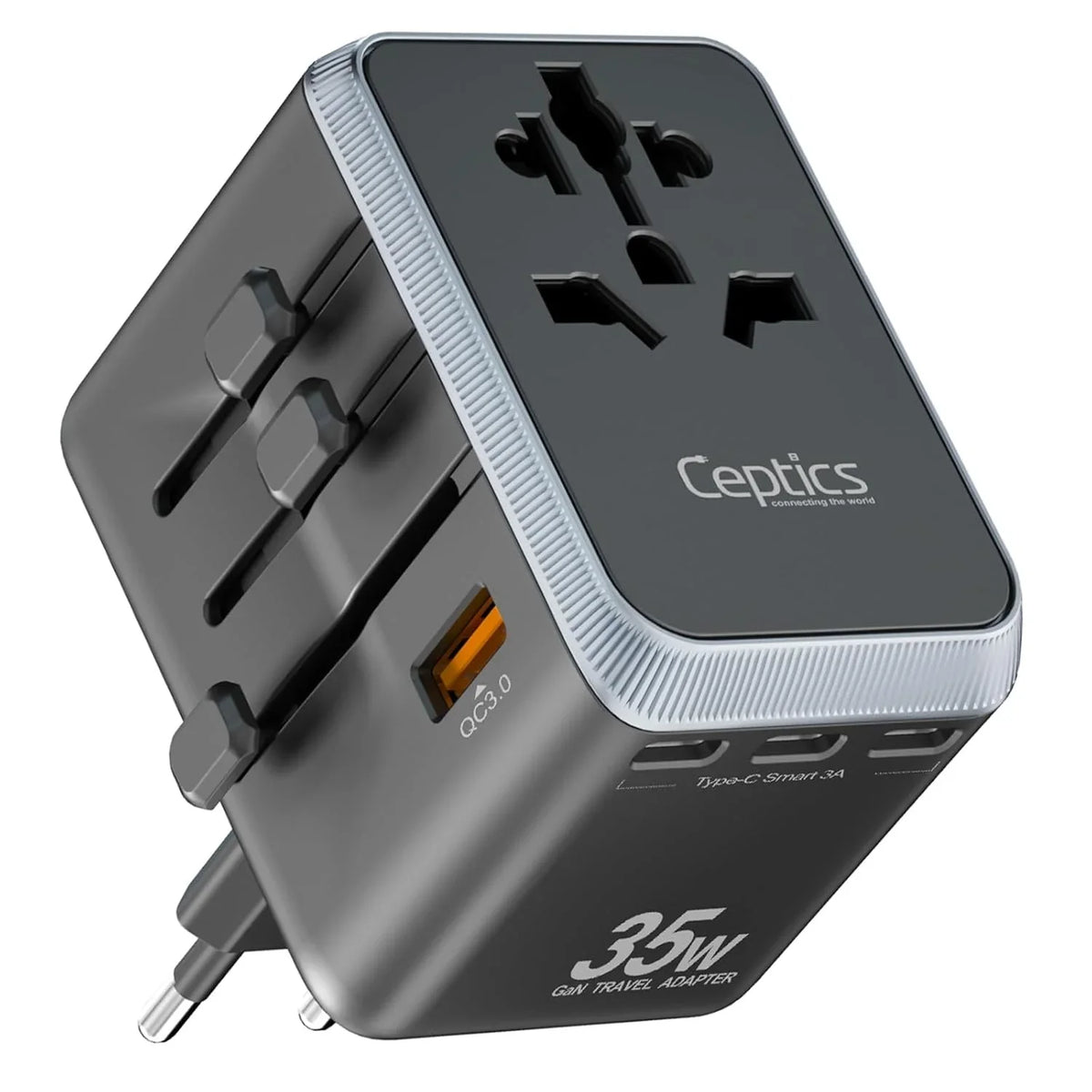 Universal travel adapter – 3 USB-A & 2 USB-C (35W) – 6 in 1 travel adapter – CE & RoHS certified image 0