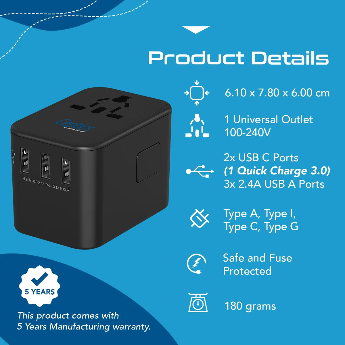 Universal travel adapter – 3 USB-A & 2 USB-C 35W – 6 in 1 travel adapter – CE & RoHS certified - UP-11KU image 8