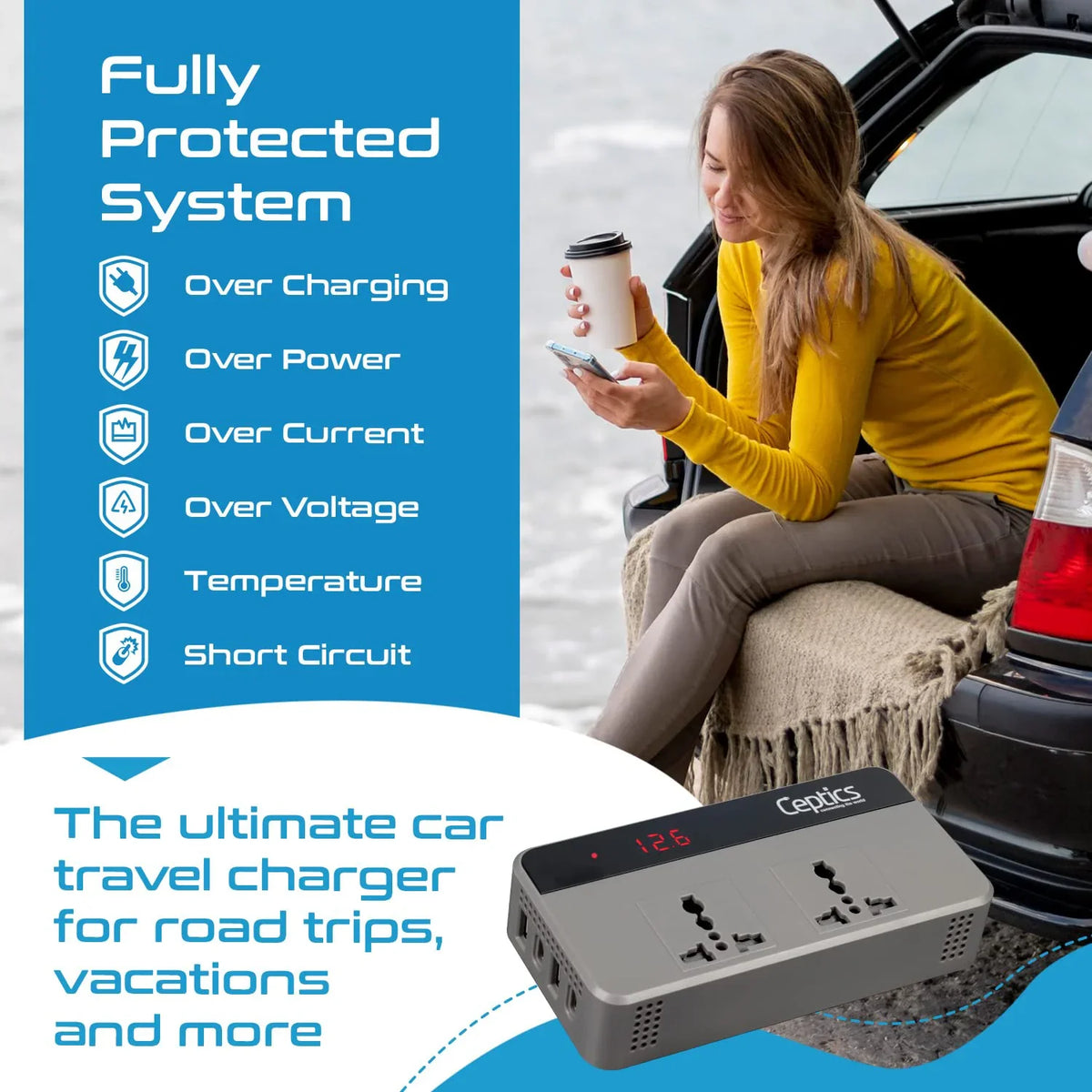 200W car inverter – 2 AC outlets & 2 USB-A & 2 USB-C – Cigarette lighter plug – CE & FCC certified - PI-200C3U image 7