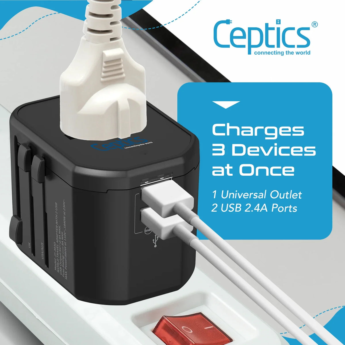 Universal travel adapter with 2 USB-A – 3 in 1 travel adapter – CE & RoHS certified - UP-8KU image 3