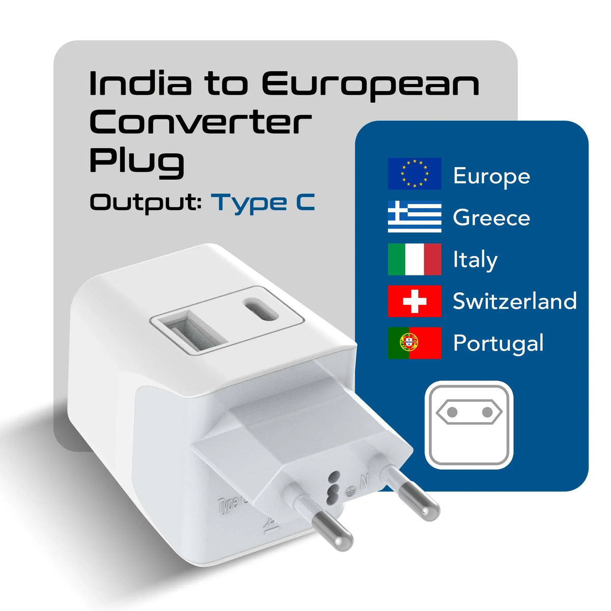 India to Europe travel adapter – Type C – 1 USB-A & 1 USB-C – 3 in 1 Plug – CE & RoHS certified - CTUD-9C image 1