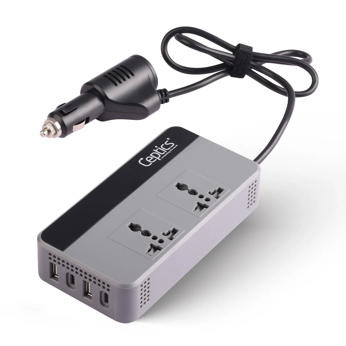 200W car inverter – 2 AC outlets & 2 USB-A & 2 USB-C – Cigarette lighter plug – CE & FCC certified - PI-200W4U image 0