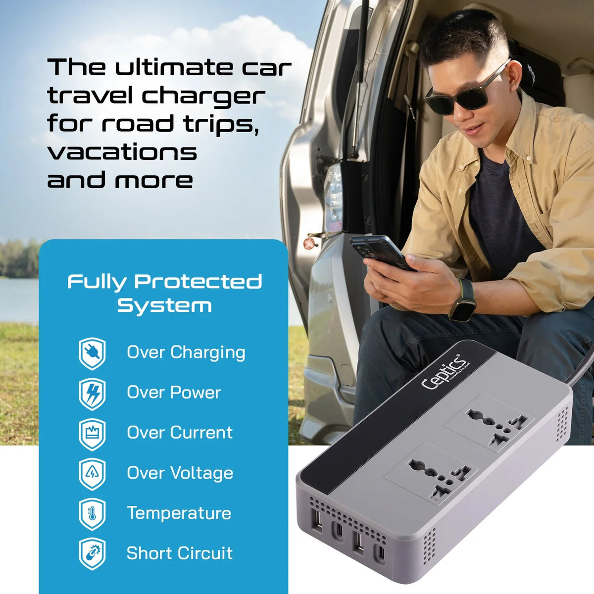 200W car inverter – 2 AC outlets & 2 USB-A & 2 USB-C QC3.0 18W – Cigarette lighter plug – CE & FCC certified - PI-200A3U image 7