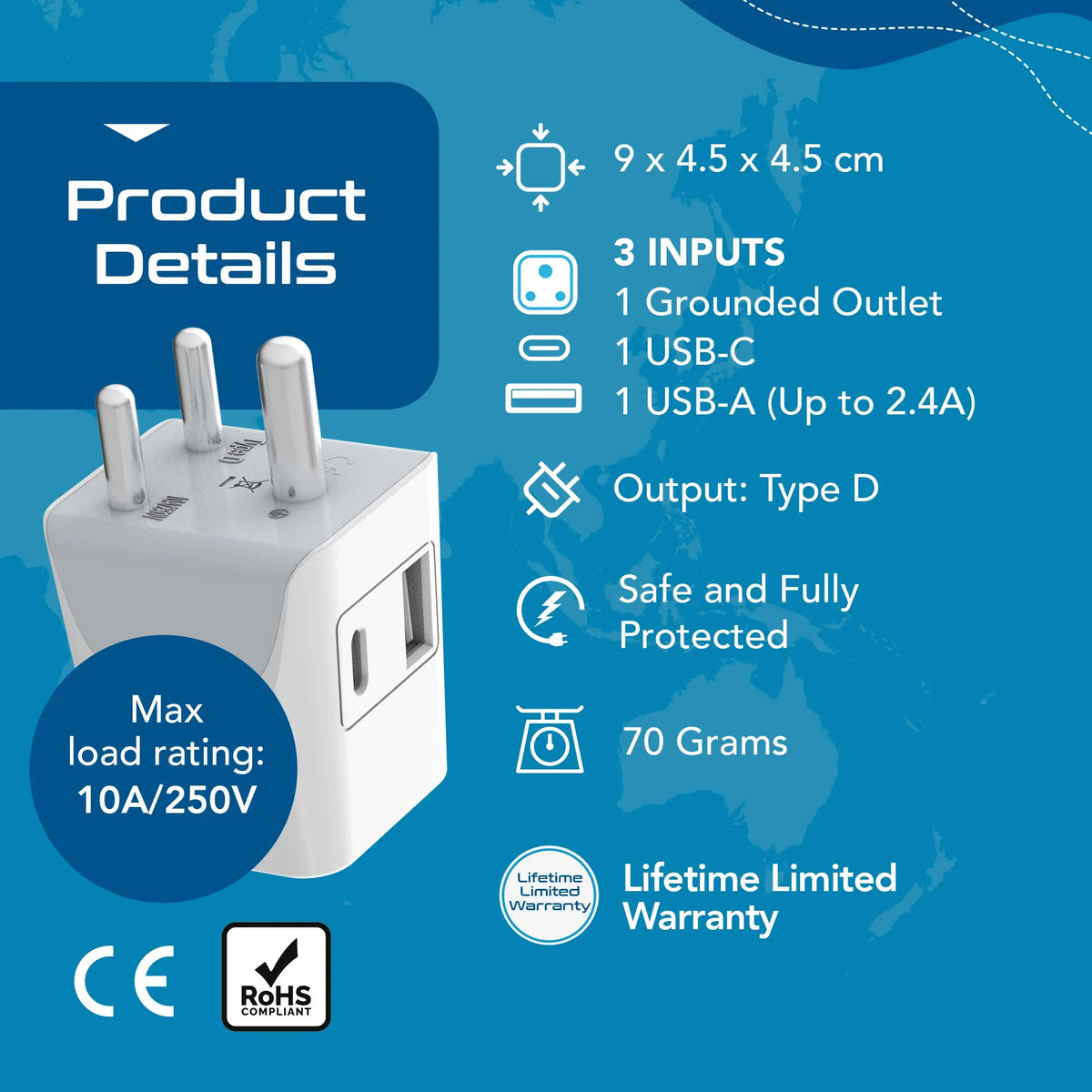 Multiplug adapter – Type D – 1 USB-A & 1 USB-C – 3 in 1 Plug – CE & RoHS certified - CTUD-10 image 5