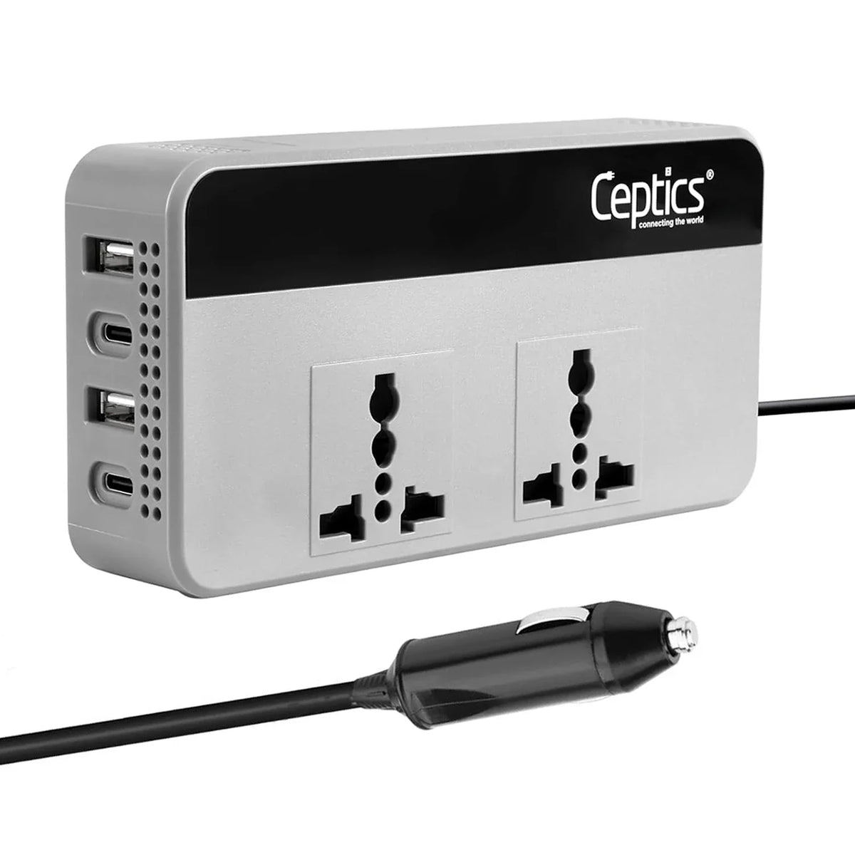 200W car inverter – 2 AC outlets & 2 USB-A & 2 USB-C QC3.0 18W – Cigarette lighter plug – CE & FCC certified - PI-200A3U image 0