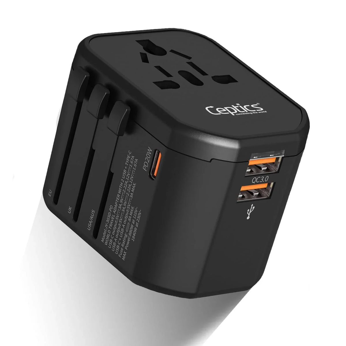 Universal travel adapter – 2 USB-A & 1 USB-C 20W – 4 in 1 travel adapter – CE & RoHS certified - UP-8CU image 0