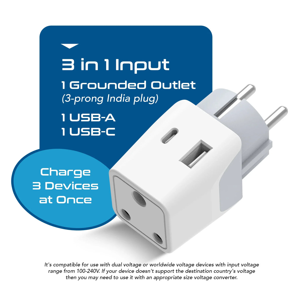India to Europe travel adapter – Type E/F – 1 USB-A & 1 USB-C – 3 in 1 Plug – CE & RoHS certified - CTUD-9 image 2