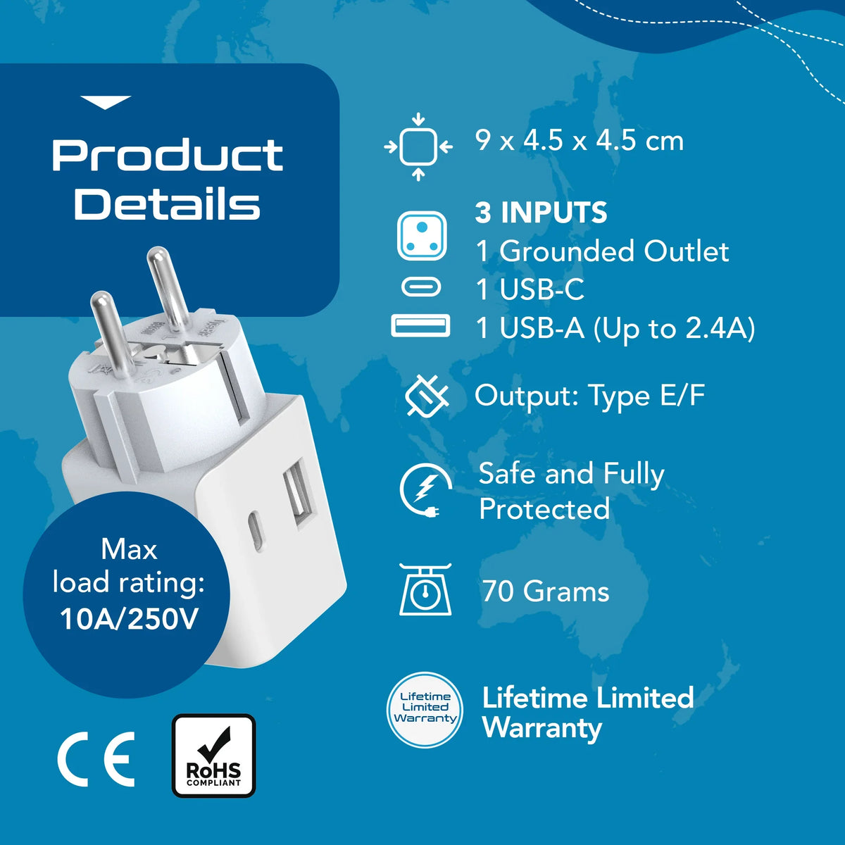 India to Europe travel adapter – Type E/F – 1 USB-A & 1 USB-C – 3 in 1 Plug – CE & RoHS certified - CTUD-9 image 5
