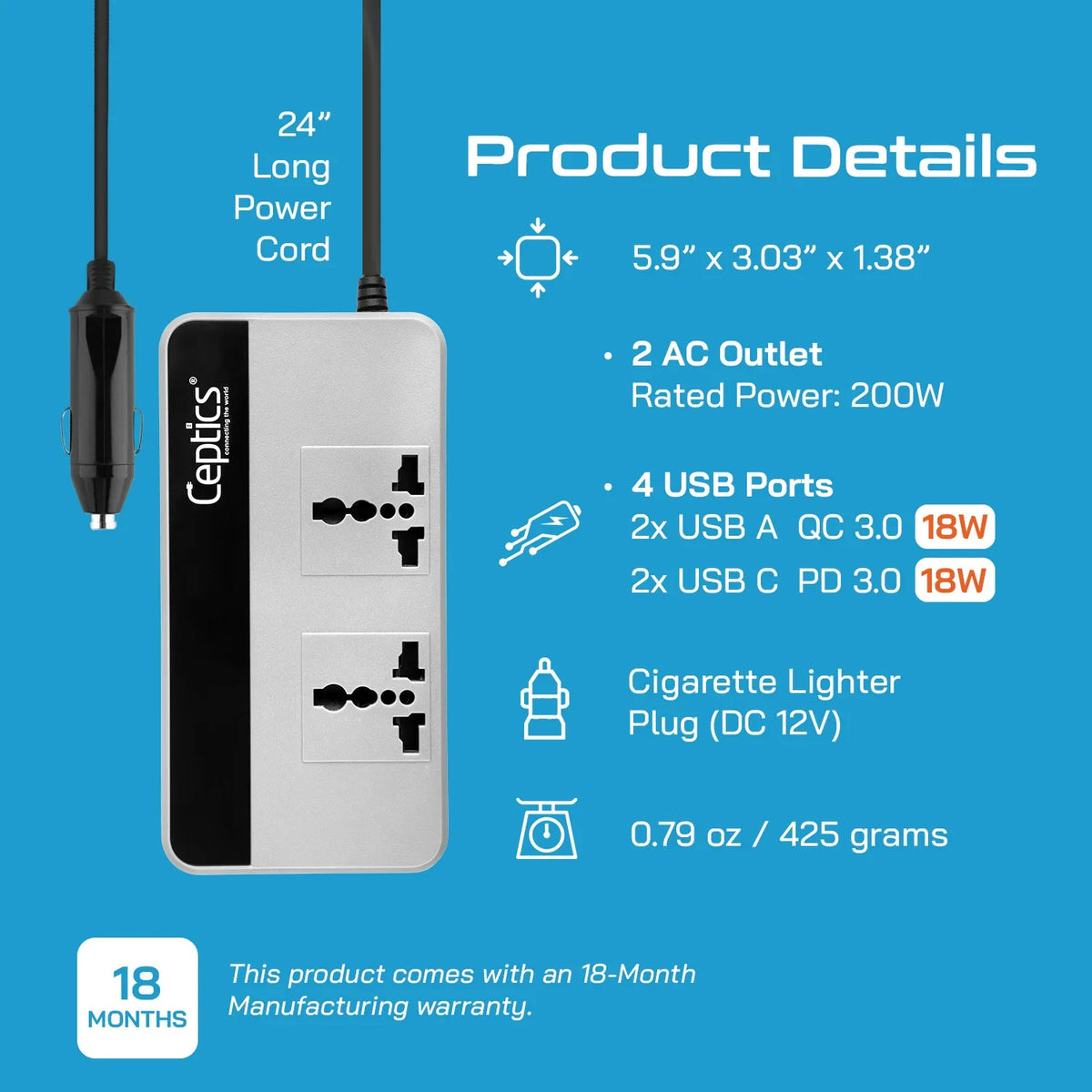 200W car inverter – 2 AC outlets & 2 USB-A & 2 USB-C QC3.0 18W – Cigarette lighter plug – CE & FCC certified - PI-200A3U image 3