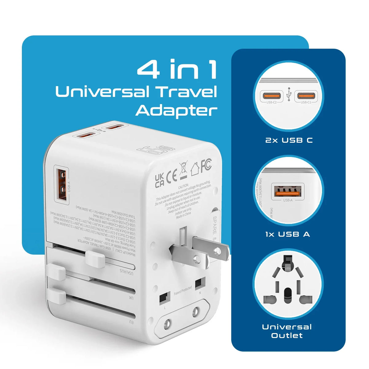Universal travel adapter – 1 USB-A & 2 USB-C 65W GaN – 4 in 1 travel adapter – CE & RoHS certified - White - UP-12KU-W image 1