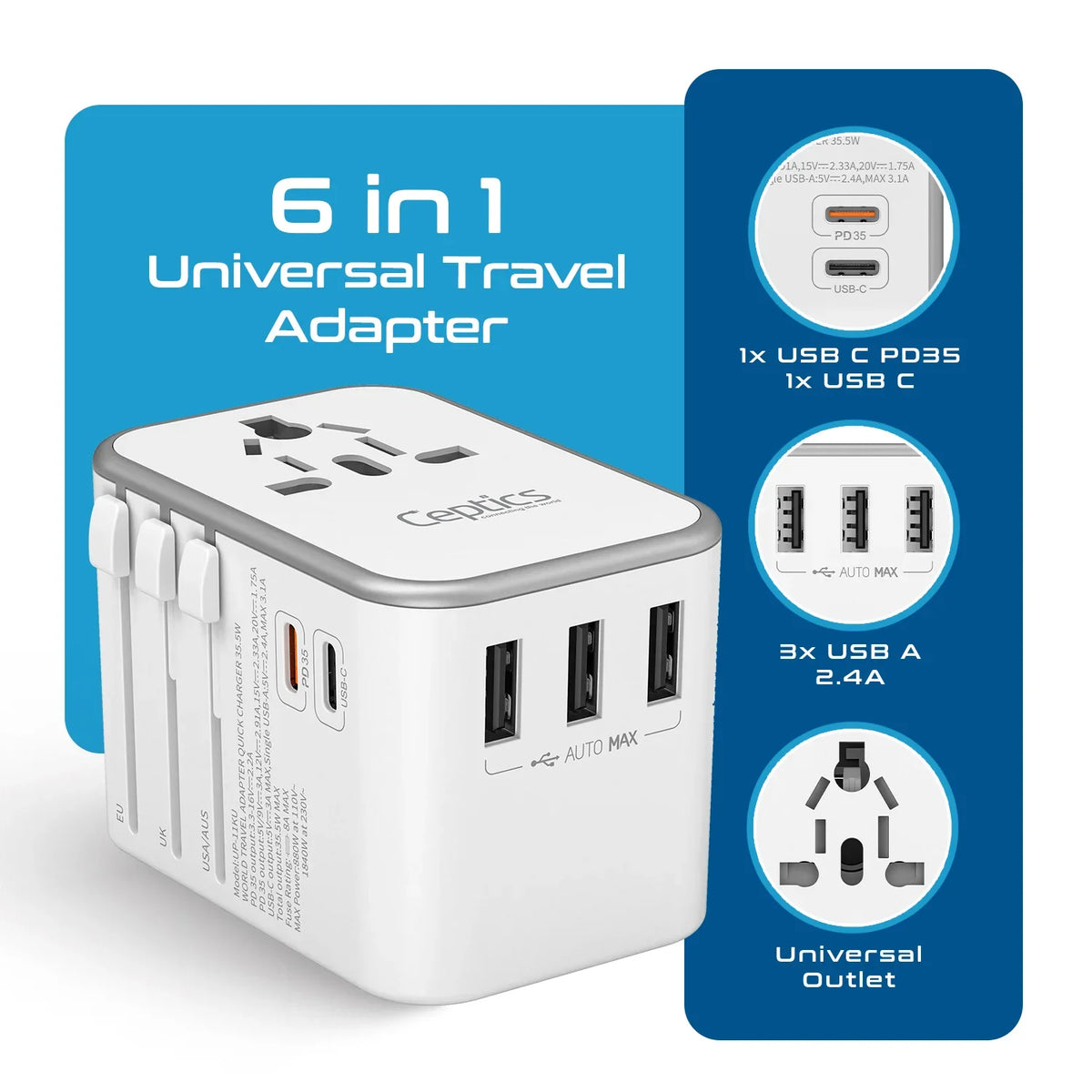 Universal travel adapter – 3 USB-A & 2 USB-C 35W – 6 in 1 travel adapter – CE & RoHS certified - White - UP-11KU-W image 1