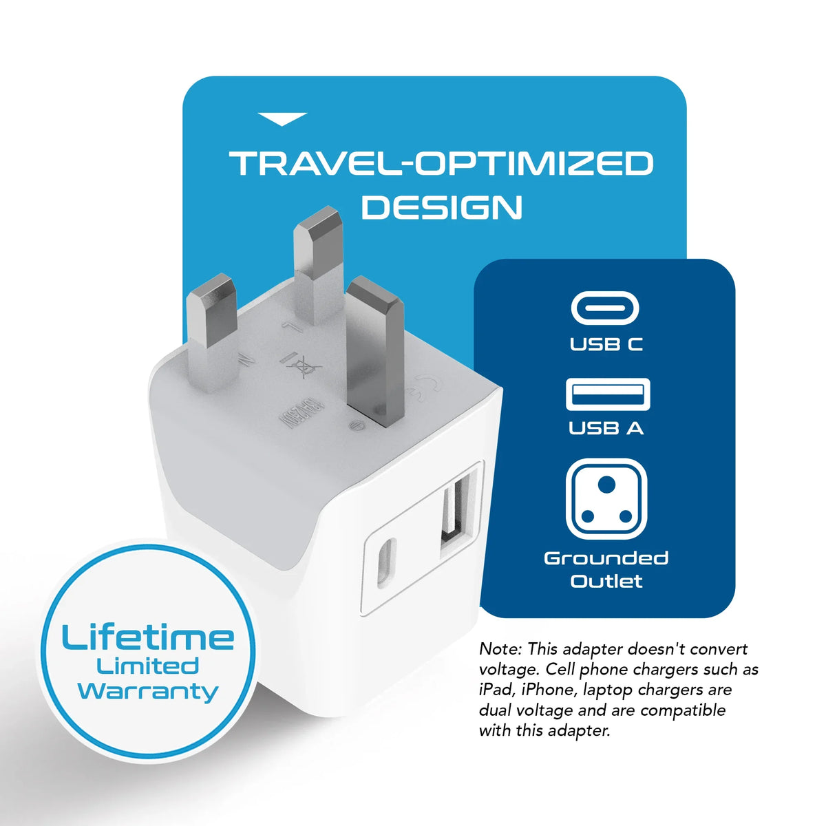 India to UK, UAE travel adapter – Type G – 1 USB-A & 1 USB-C – 3 in 1 Plug – CE & RoHS certified - CTUD-7 image 3