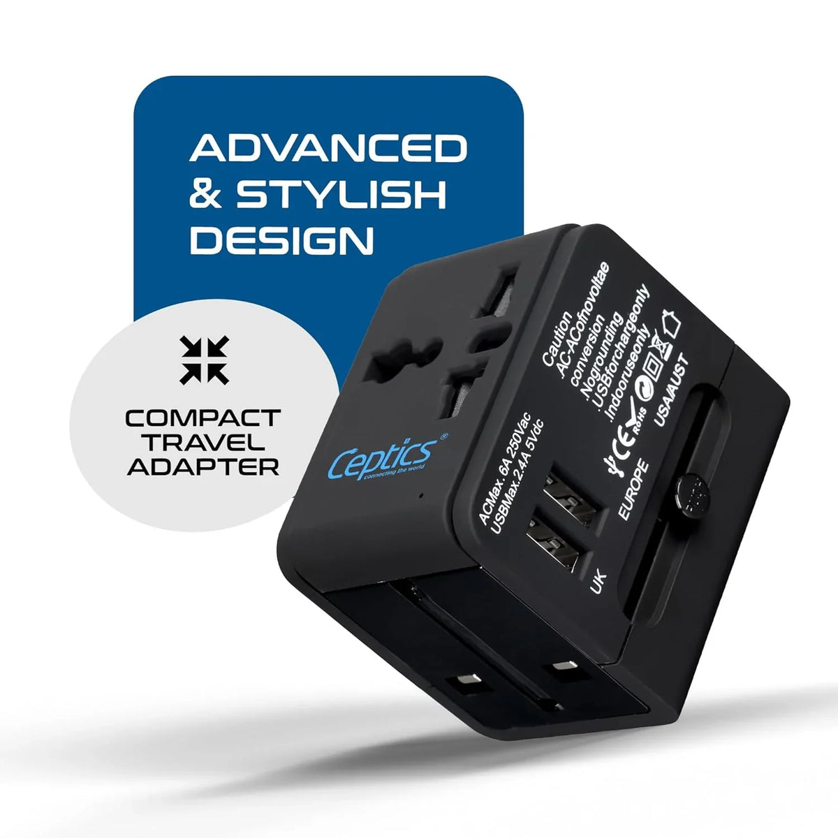 Universal travel adapter with 2 USB-A – 3 in 1 travel adapter – CE & RoHS certified - Black - UP-6KU image 4