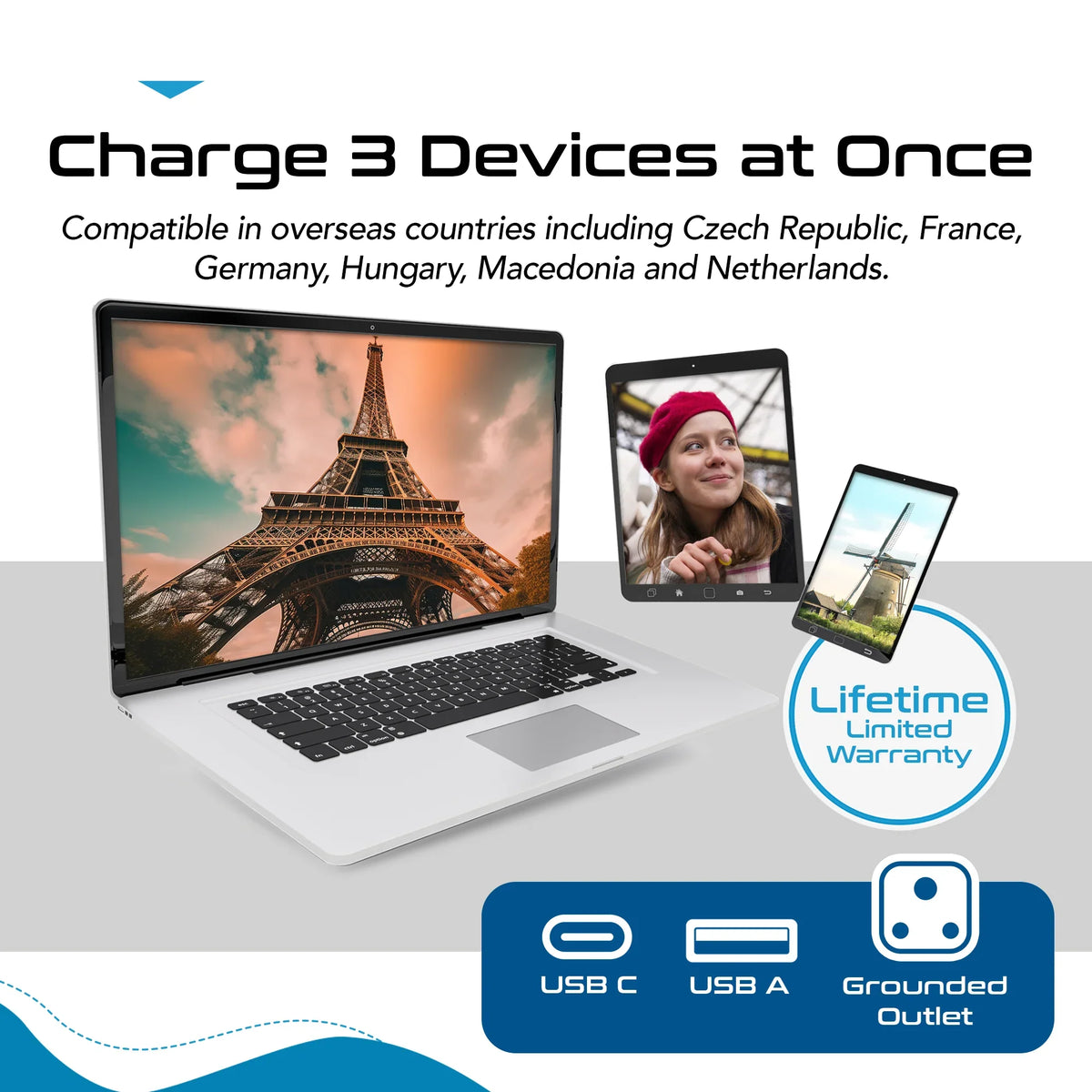 India to Europe travel adapter – Type E/F – 1 USB-A & 1 USB-C – 3 in 1 Plug – CE & RoHS certified - CTUD-9 image 7