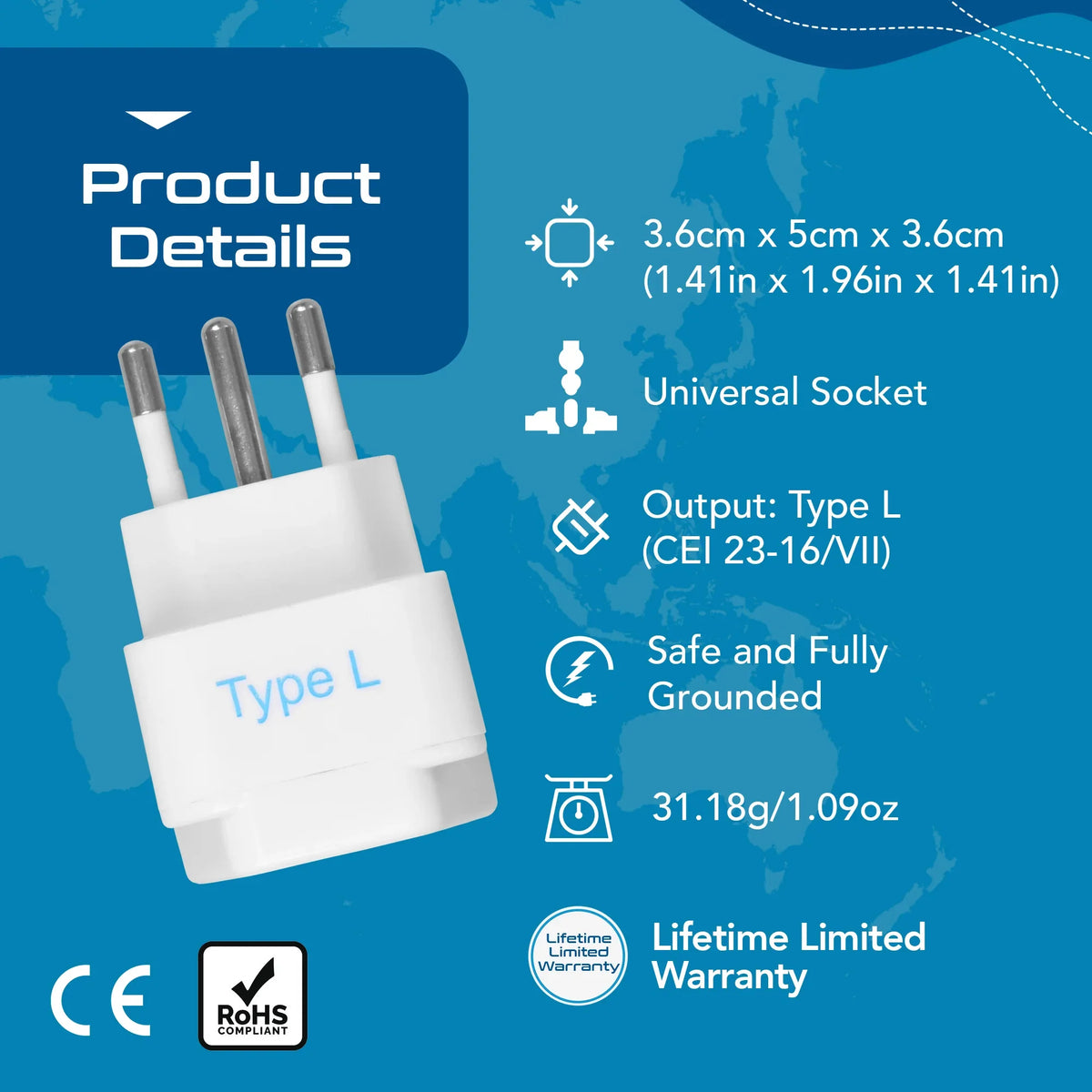 Italy travel adapter – Type L – CE & RoHS certified - GP-12A image 3