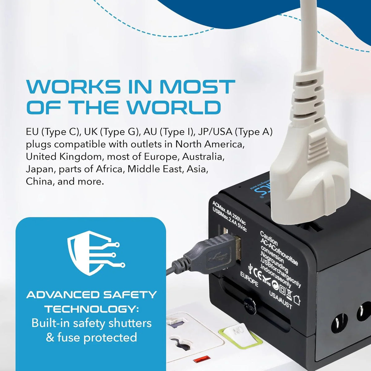 Universal travel adapter with 2 USB-A – 3 in 1 travel adapter – CE & RoHS certified - Black - UP-6KU image 1