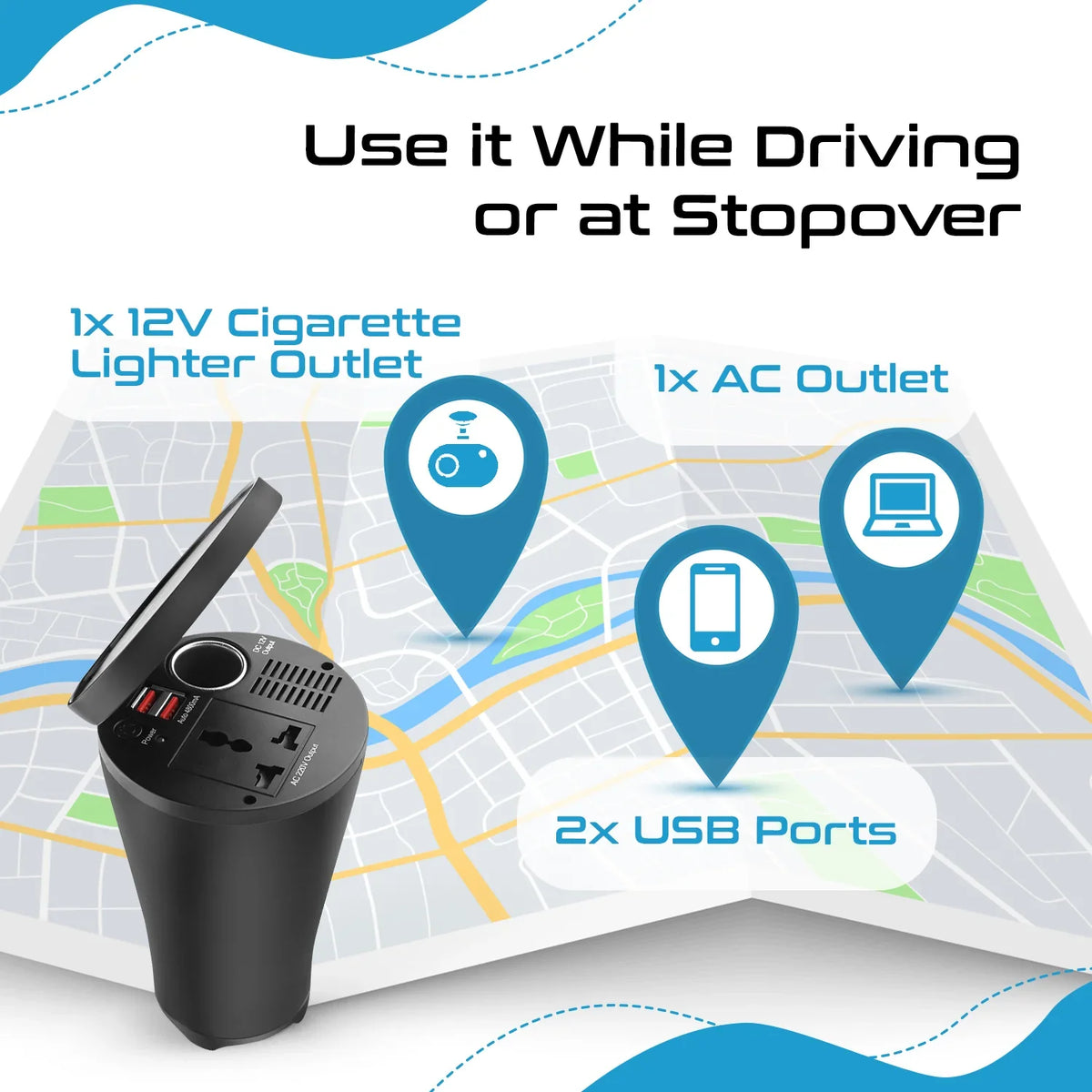 150W car inverter – 1 AC outlet & 2 USB-A – Cigarette lighter plug – CE & FCC certified - PI-150W2U image 5