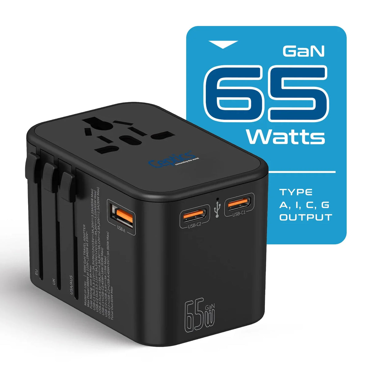 Universal travel adapter – 1 USB-A & 2 USB-C 65W GaN – 4 in 1 travel adapter – CE & RoHS certified - UP-12KU image 2