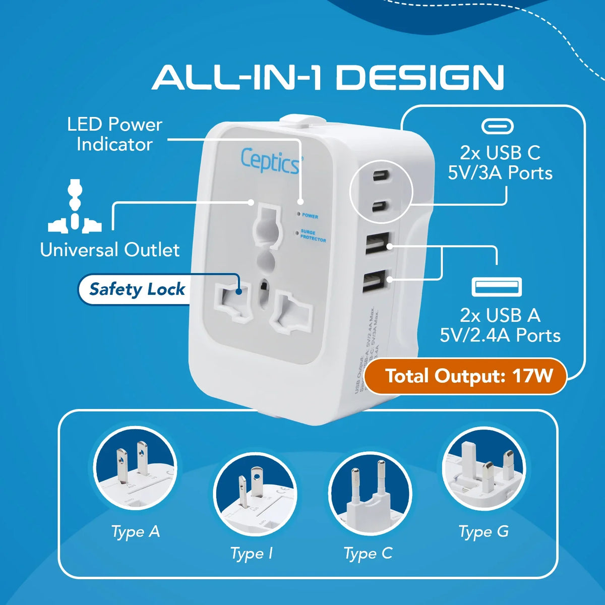 Universal travel adapter with 2 USB-A & 2 USB-C – 5 in 1 travel adapter – CE & FCC certified - UP-13KU image 6