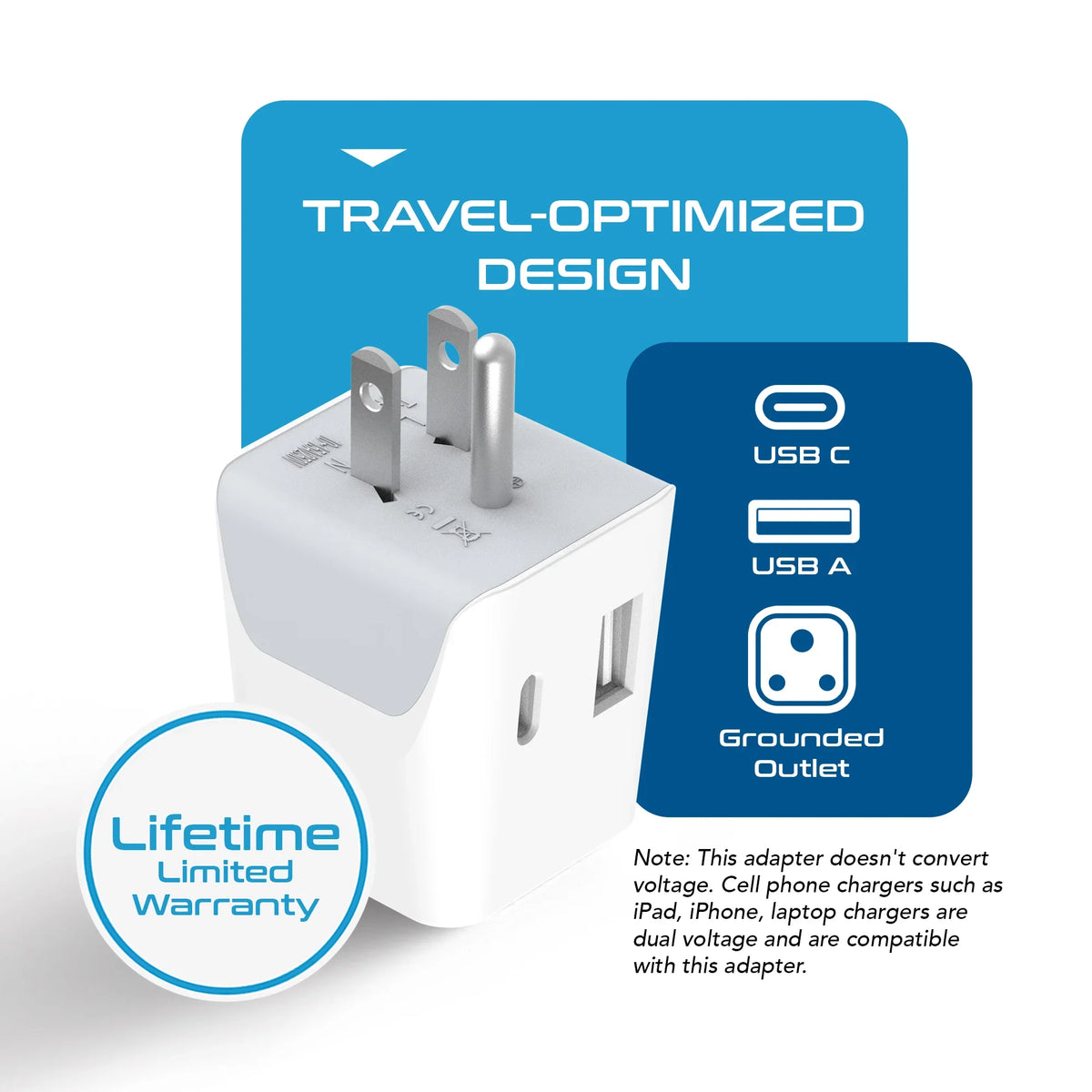 India to USA travel adapter – Type B – 1 USB-A & 1 USB-C – 3 in 1 Plug – CE & RoHS certified - CTUD-5 image 4