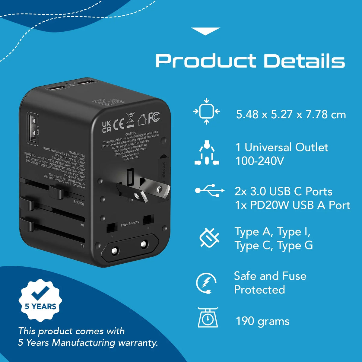 Universal travel adapter – 1 USB-A & 2 USB-C 65W GaN – 4 in 1 travel adapter – CE & RoHS certified - UP-12KU image 6