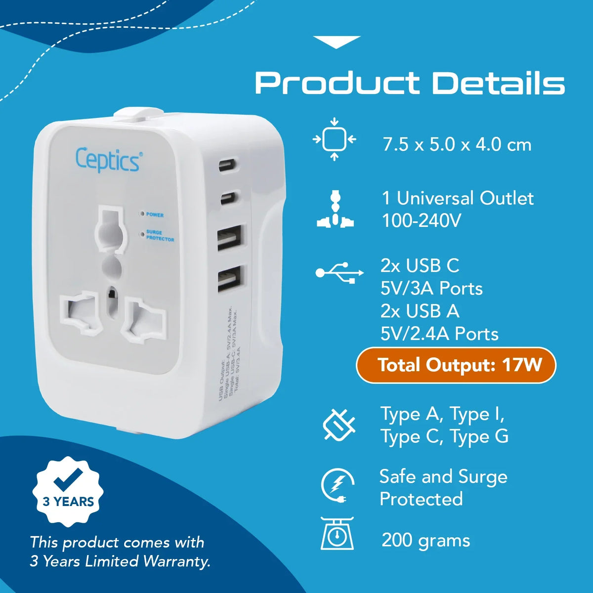 Universal travel adapter with 2 USB-A & 2 USB-C – 5 in 1 travel adapter – CE & FCC certified - UP-13KU image 4