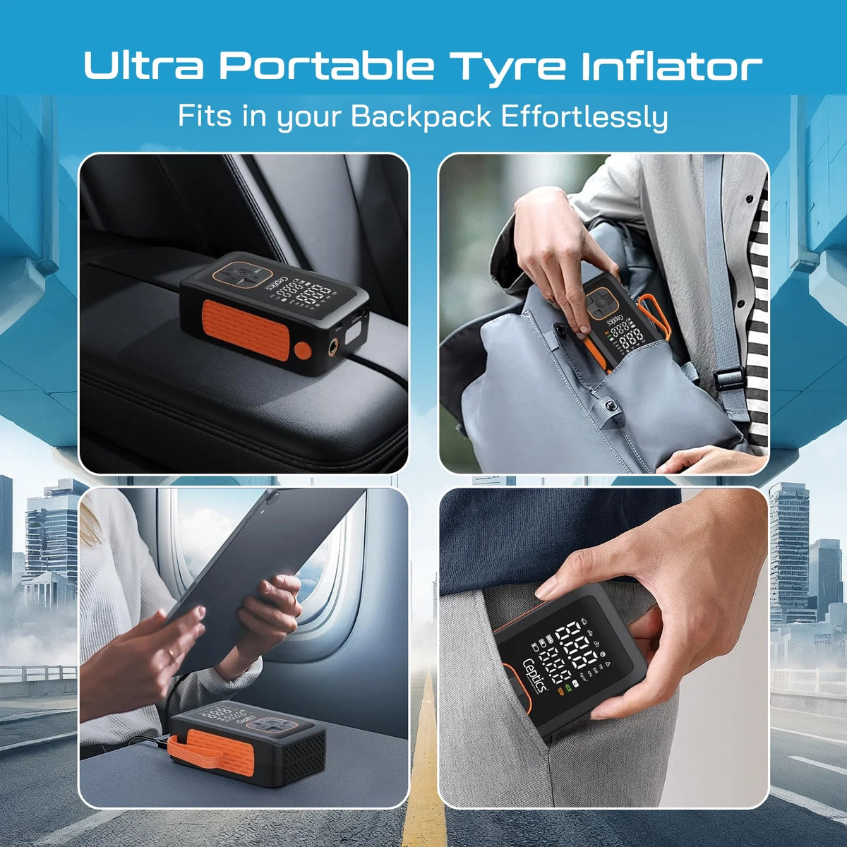 Tyre inflator for car, bike and balls – 150 PSI – 12V car socket plug & 3600 mAH Battery - TI-H100 image 5