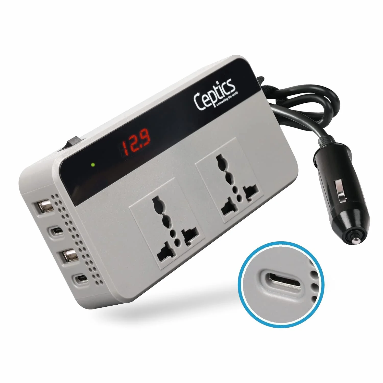 200W car inverter – 2 AC outlets & 2 USB-A & 2 USB-C – Cigarette lighter plug – CE & FCC certified – PI-200C3U