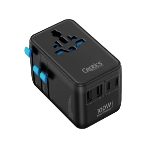 Universal travel adapter – 2 USB-A, 2 USB-C & 100W retractable USB-C cable – 7 in 1 travel adapter – CE & RoHS certified