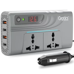 200W car inverter – 2 AC outlets & 2 USB-A & 2 USB-C – Cigarette lighter plug – CE & FCC certified - PI-200M