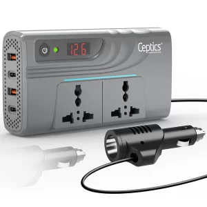 200W car inverter – 2 AC outlets & 2 USB-A & 2 USB-C – Upgraded cigarette lighter plug – CE & FCC certified - PI-200M12